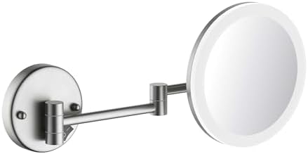 Wall-Mounted Circular LED Makeup Mirror with 5X Magnification in Brass