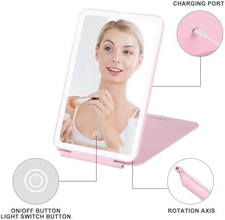 Travel Makeup Mirror with 3 Lights Modes Rechargeable Ultra-Thin Pink