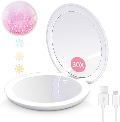 Rechargeable Compact Mirror with 30X Magnification for Travel