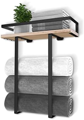 Xstydes Wall-Mounted Metal Towel Holder with Wooden Shelf for Small Washrooms