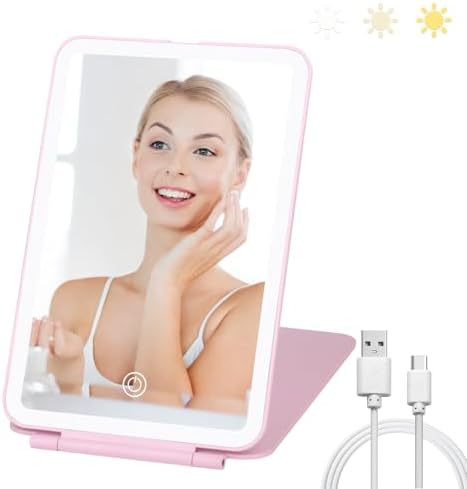 Travel Makeup Mirror with 3 Lights Modes Rechargeable Ultra-Thin Pink