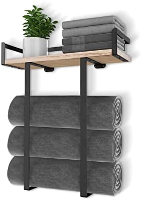 Xstydes Wall-Mounted Metal Towel Holder with Wooden Shelf for Small Washrooms
