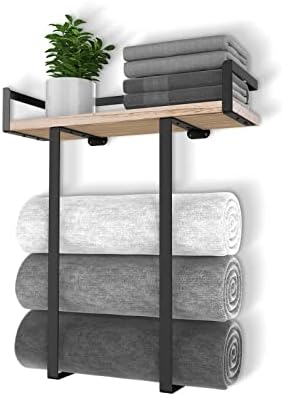Xstydes Wall-Mounted Metal Towel Holder with Wooden Shelf for Small Washrooms