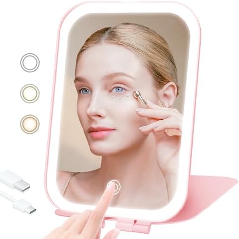 2000mAh Compact Makeup Mirror 3 Settings Touch Light Pink