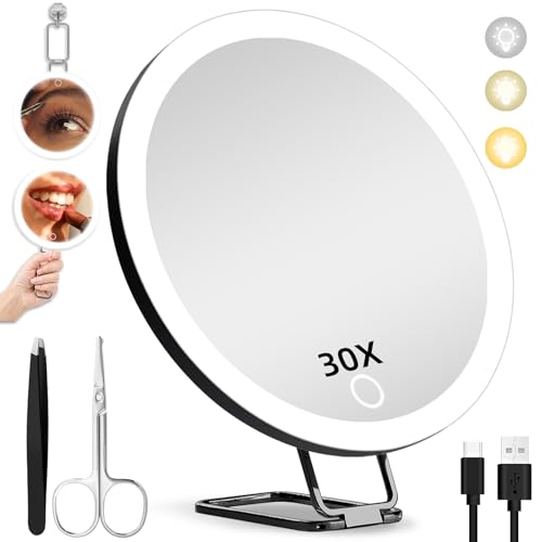 30X Travel Magnifying Mirror with Light 6 Suction Cup Design