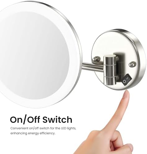 Wall-Mounted Circular LED Makeup Mirror with 5X Magnification in Brass