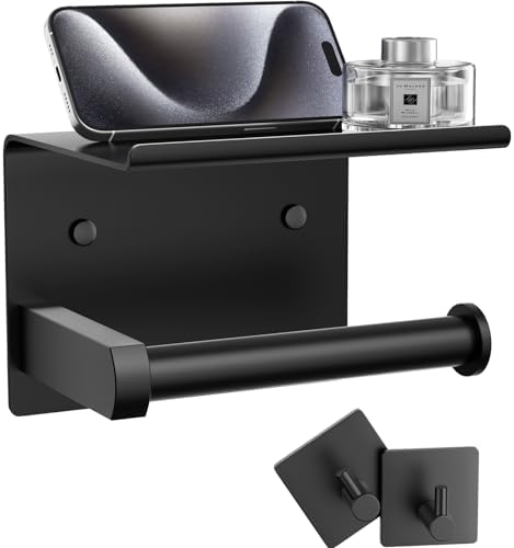 Tindbea - Stainless Steel Toilet Paper Holder with Phone Towel Robe Hooks Matte Black