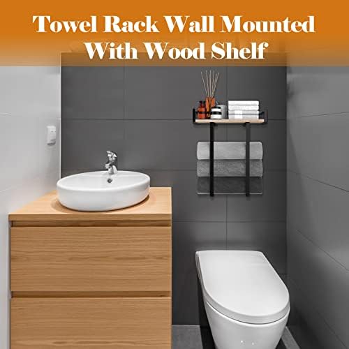 Xstydes Wall-Mounted Metal Towel Holder with Wooden Shelf for Small Washrooms