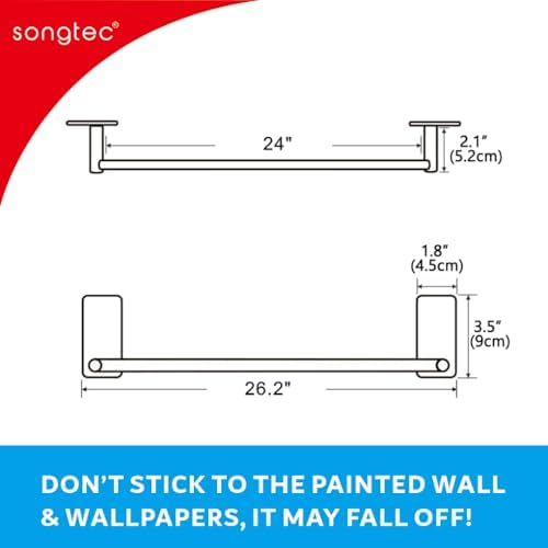 Adhesive 24-inch Bath Towel Bar Easy Install Premium Steel No Drill Needed