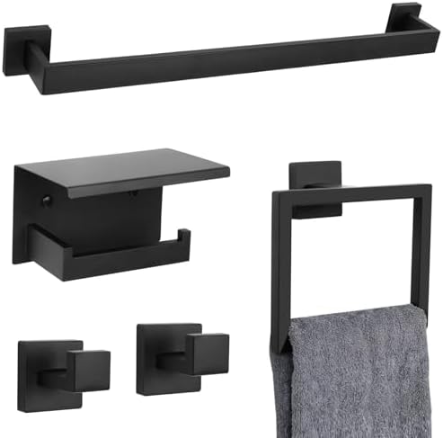5-Piece Black Towel Bar Set Sturdy Wall-Mounted Bathroom Hardware Accessories