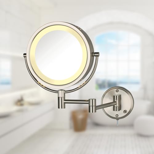 JERDON Two-Sided Wall-Mounted Makeup Mirror with Lights - 8X Magnification