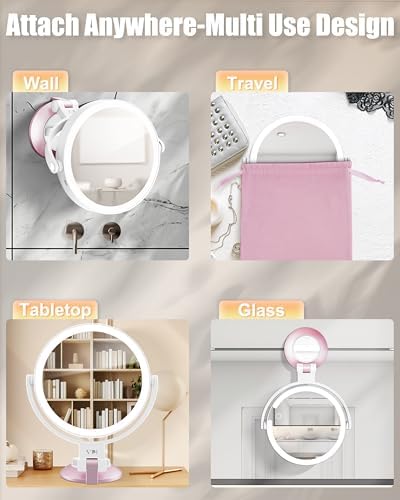 Magnifying Wall-Mounted Mirror with Suction Cup Rechargeable for Bathroom Travel