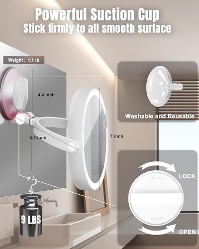 Magnifying Wall-Mounted Mirror with Suction Cup Rechargeable for Bathroom Travel