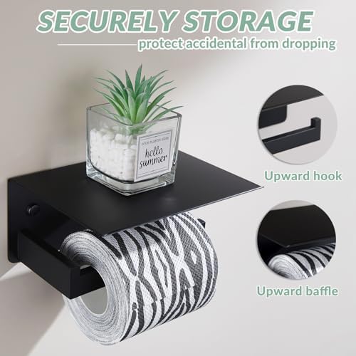 APLusee Premium Stainless Steel Toilet Paper Holder with Shelf Matte Black