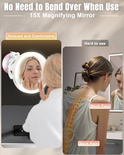 Magnifying Wall-Mounted Mirror with Suction Cup Rechargeable for Bathroom Travel