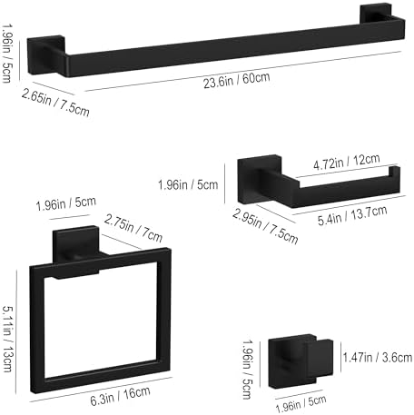 5-Pieces Matte Black Towel Bar Set for Bathroom