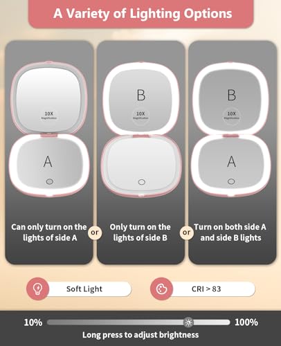 Wobsion Travel Mirror with Light Rechargeable 1x10x Compact Magnifying Mirror