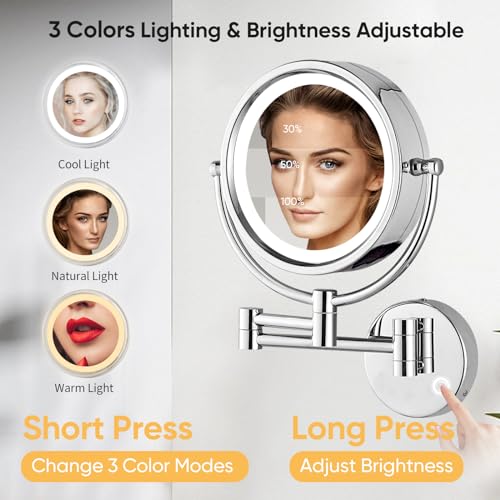 GURUN Wall-Mounted Makeup Mirror with 3Tone Dimmable Lights