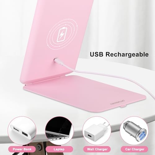 Travel Makeup Mirror with 3 Lights Modes Rechargeable Ultra-Thin Pink