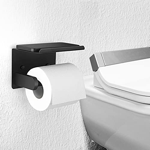 Matte Black Toilet Paper Holder with Storage Shelf