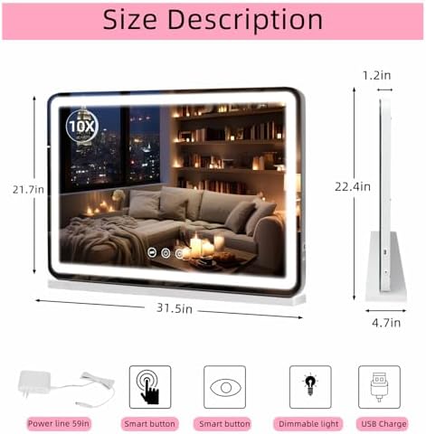 32 x 22 Large Vanity Mirror with Lights White