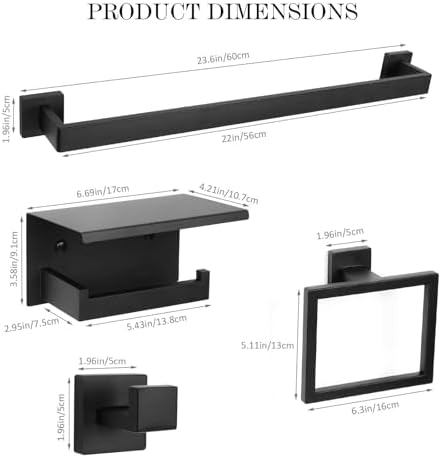 5-Piece Black Towel Bar Set Sturdy Wall-Mounted Bathroom Hardware Accessories