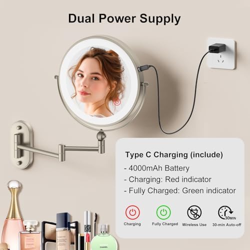HD Lighted Makeup Mirror Wall-Mounted 1X10X Rechargeable Extendable 30min Auto-Off