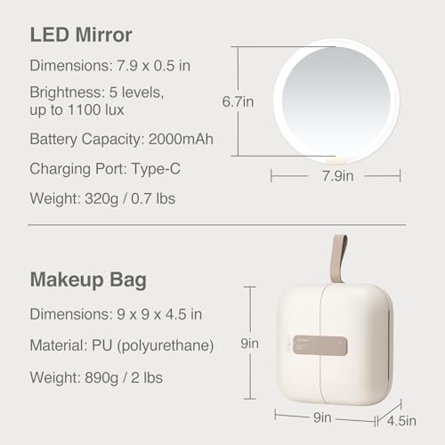 Portable 3D Makeup Mirror with Built-In Lights Bag