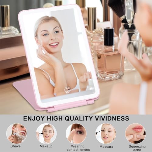Travel Makeup Mirror with 3 Lights Modes Rechargeable Ultra-Thin Pink
