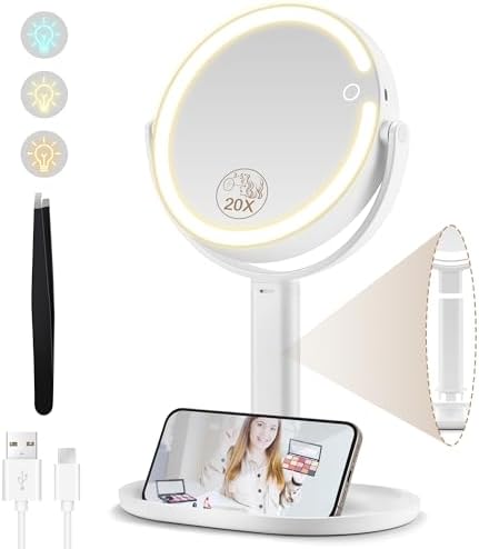 MOMOKUBA Double-Sided Makeup Mirror with 20X Magnification Light