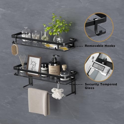 VOLPONE Black Tempered Glass Bathroom Shelf with 4 Removable Hooks