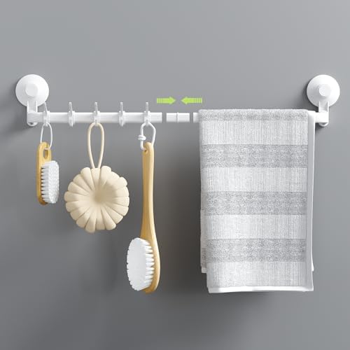 LUXEARStrong Adhesive Bathroom Towel Bar w 5 Hooks No Drilling 24-Inch - White