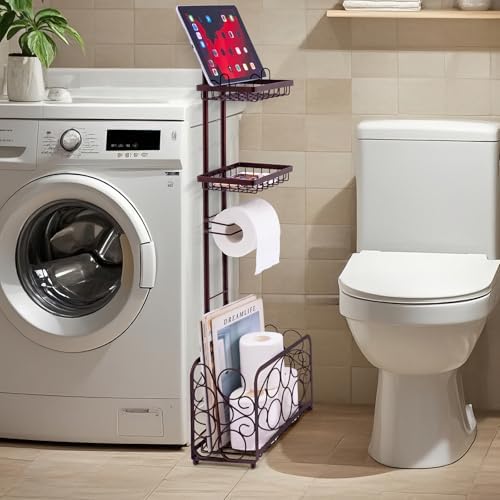 Oasis Creations - Compact Freestanding Toilet Paper Holder With Storage Basket