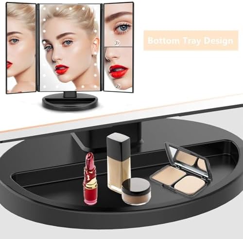 Flymiro Tri-Fold Lighted Vanity Mirror with 3x Magnification