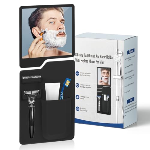 Silicone shower toothbrush razor holder with anti-fog mirror