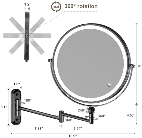 Rocollos 9-Inch Wall-Mounted Makeup Mirror