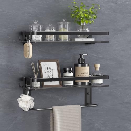 VOLPONE Black Tempered Glass Bathroom Shelf with 4 Removable Hooks