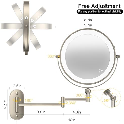 HD Lighted Makeup Mirror Wall-Mounted 1X10X Rechargeable Extendable 30min Auto-Off