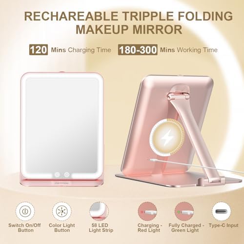 Mocha Rose Gold - 7x5 Folding Travel Makeup Mirror with Led Light