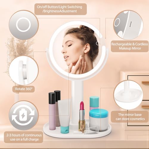 8-inch Lighted Makeup Mirror with Rechargeable LED Lights for Women