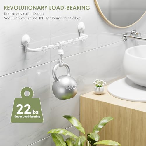 LUXEARStrong Adhesive Bathroom Towel Bar w 5 Hooks No Drilling 24-Inch - White