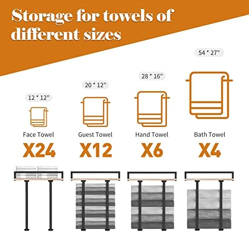Xstydes Wall-Mounted Metal Towel Holder with Wooden Shelf for Small Washrooms