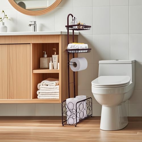 Oasis Creations - Compact Freestanding Toilet Paper Holder With Storage Basket