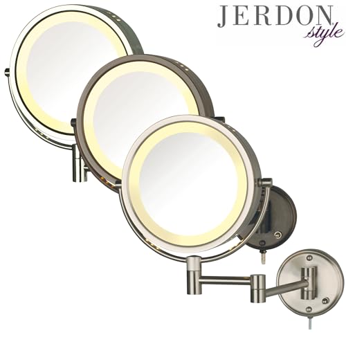 JERDON Two-Sided Wall-Mounted Makeup Mirror with Lights - 8X Magnification