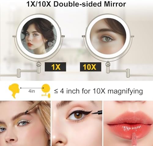 HD Lighted Makeup Mirror Wall-Mounted 1X10X Rechargeable Extendable 30min Auto-Off