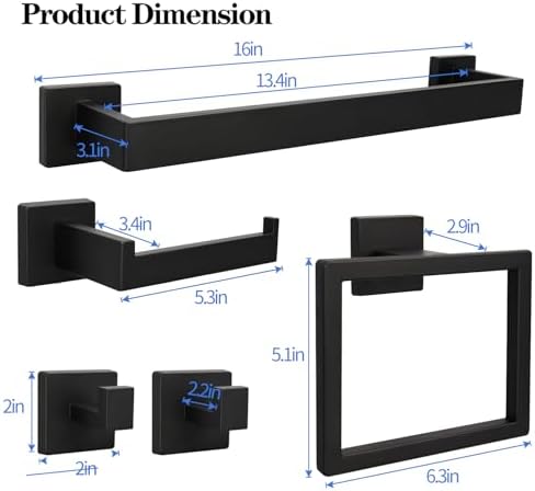 5pcs Black Bathroom Hardware Set with Towel Bar and Hooks