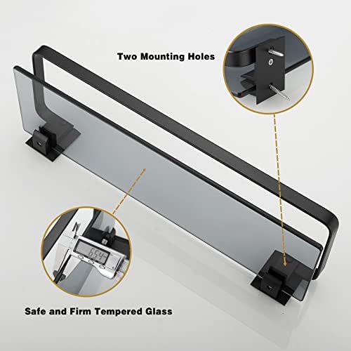 VOLPONE Black Tempered Glass Bathroom Shelf with 4 Removable Hooks