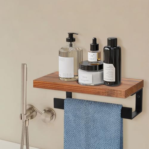 Winmien Exotic Wood Towel Holder with Wall-Mounted Shelf for Bathroom