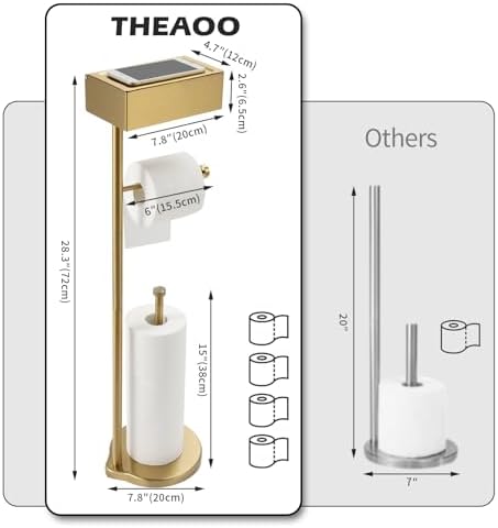 Theaoo Toilet Paper Holder Stand with Shelf Gold Stainless Steel