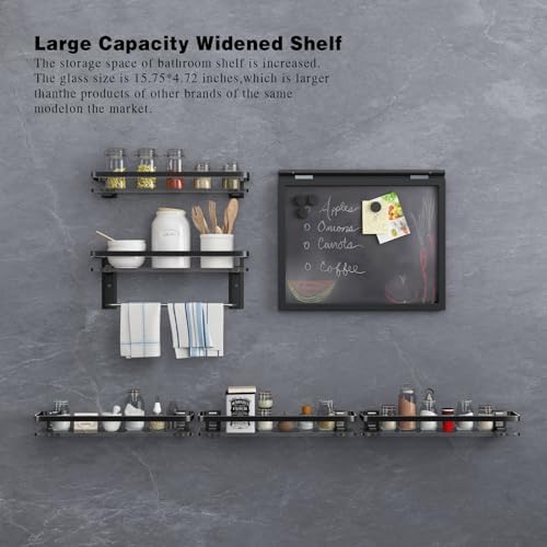 VOLPONE Black Tempered Glass Bathroom Shelf with 4 Removable Hooks